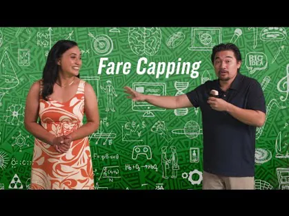A woman and man standing in front of the words of Fare Capping